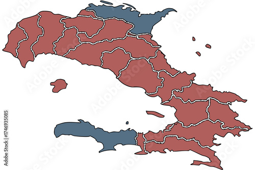 Illustration of a divided political map with red and blue regions separated by white lines silhouette