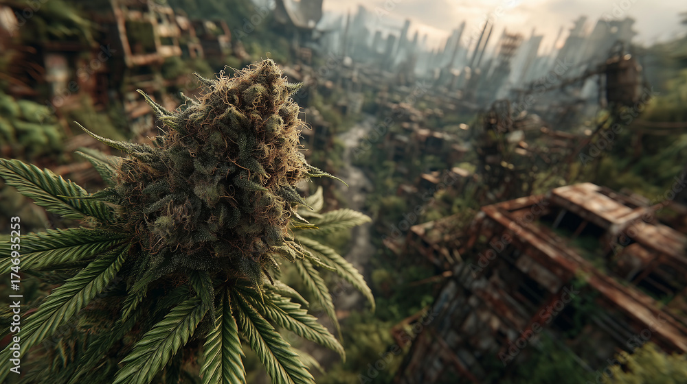 Naklejka premium Close-up of a cannabis plant with a decayed post-apocalyptic city overgrown by vegetation in the blurred background.