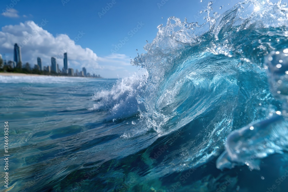 Fototapeta premium Waves crash against the shoreline near urban skyline during sunny day at the beach