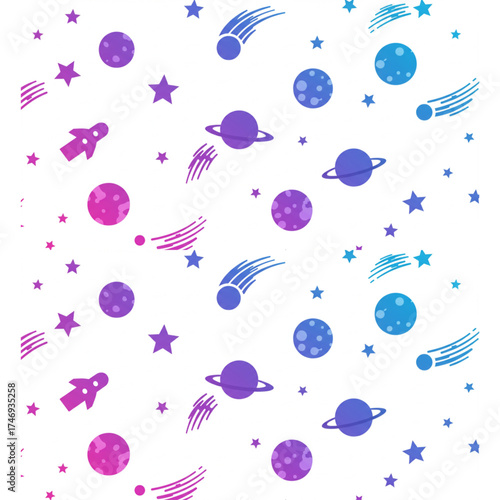 Whimsical cosmic adventure unfolds with vibrant planets, shooting stars, and playful rockets in a dreamy gradient palette, sparking imagination for kids' designs.