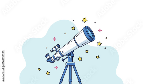 Telescope isolated on white background with stars around it