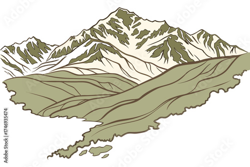 Illustration showing a mountain range with snow capped peaks and rolling hills in the foreground scenery silhouette
