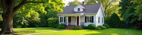 A cozy, small house with a charming front porch and lush green lawn, perfect for a peaceful retreat Ideal for real estate, home design, and lifestyle imagery , building, trees, minimalist