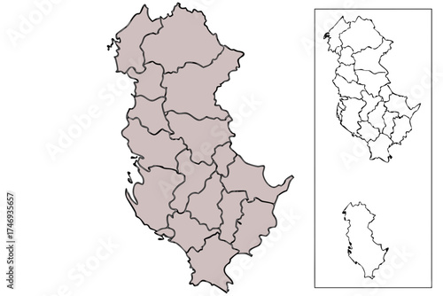 Illustrated map of albania with internal divisions and a smaller outline representation on the side silhouette
