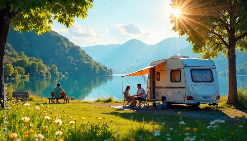 A family caravan parked on a sunny campsite, overlooking a picturesque lake  Ready for adventure and relaxation, this idyllic scene embodies the perfect caravan holiday getaway ,  vacation,  idyllic