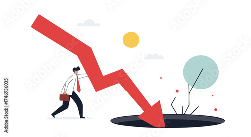 Businessman pushes a falling red arrow into a dark hole.

