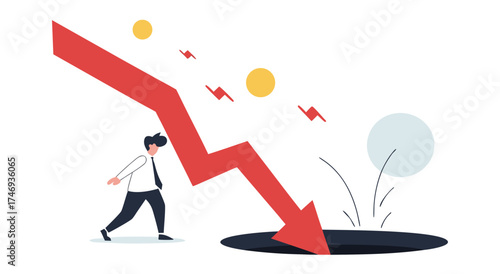 Businessman pushes a falling red arrow into a dark hole.

