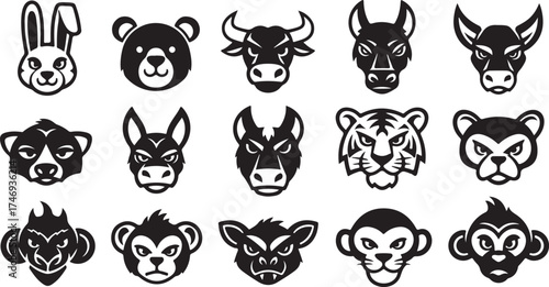 Collection of artistic monochrome mammal head graphics including monkeys bears and bulls vector