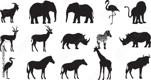 African wildlife silhouettes collection majestic elephants rhinos giraffes zebras flamingos herons vector