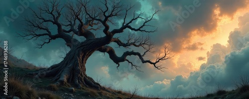 A gnarled, thorny tree clawing at a stormy sky, its branches twisted and reaching like skeletal fingers  The image evokes feelings of malice and untamed wilderness  ,  barren,  destruction