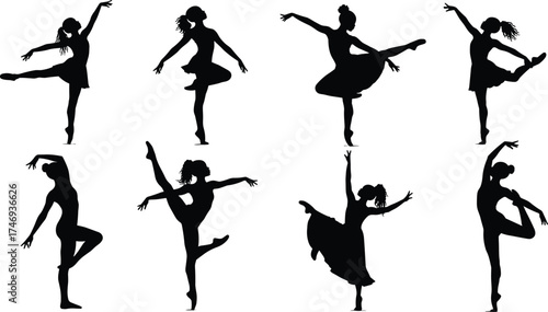 Ballet dancer silhouettes, arabesque, pirouette, grand jeté, graceful posture, classical dance, elegance, performance, flexibility, lifestyle, art, design