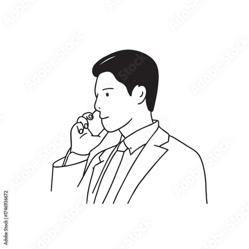 A male office worker holding a smartphone in one hand and talking on the phone