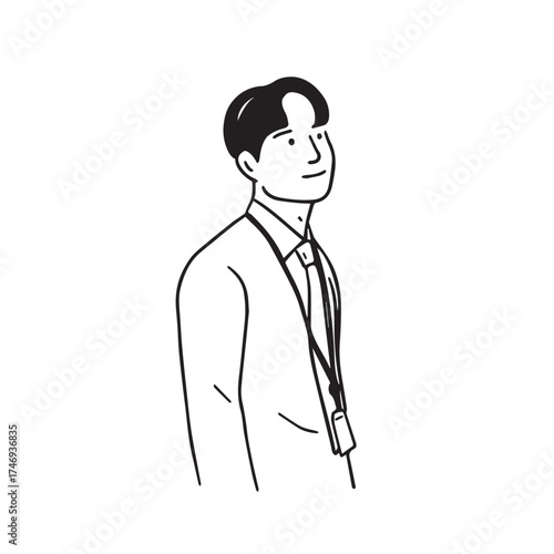 Illustration of a male office worker wearing an ID card and looking straight ahead — business vector