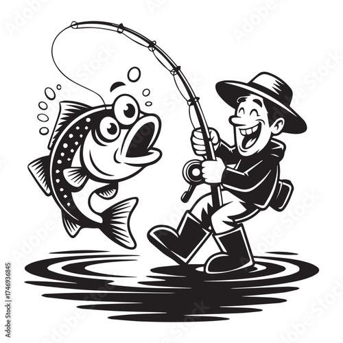 "Gone Fishing" Text with Funny Cartoon Fish Vector Design