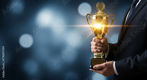 Businessman in suit holding a gold trophy symbolizing success and achievement against a blurred blue background with bokeh lights