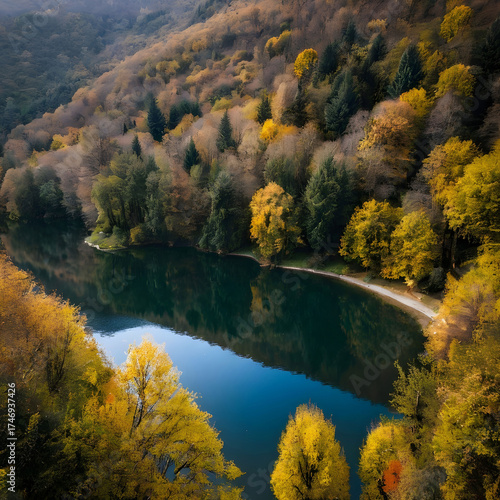 Vertical shot of Lake with long by trees