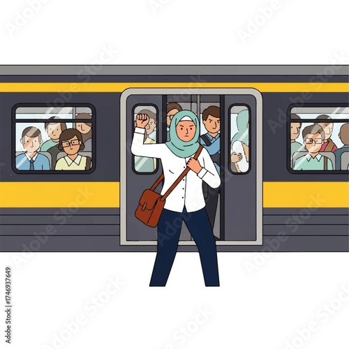 Illustration of a woman in hijab on a train with other passengers.