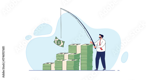 A businessman is fishing for money with a fishing rod.

