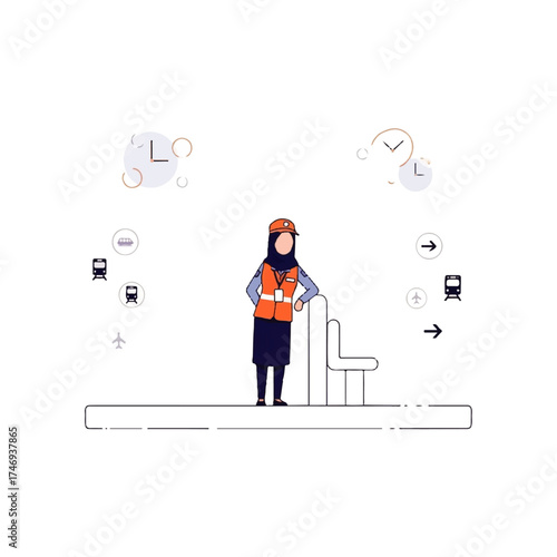 Illustration of a woman in a hijab and safety vest at a train station.