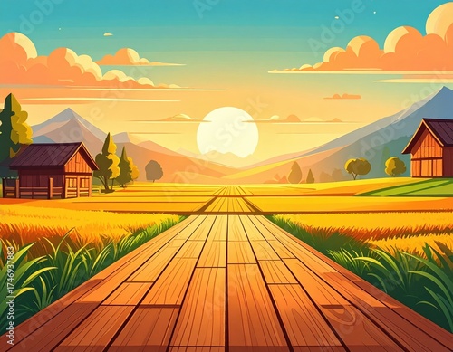 Pixelated Sunset Landscape with Wooden Path and Rural Houses in a Field