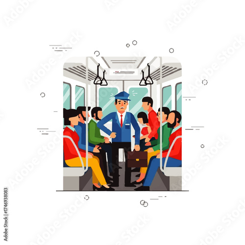 Illustration of a train conductor checking tickets on a crowded train.