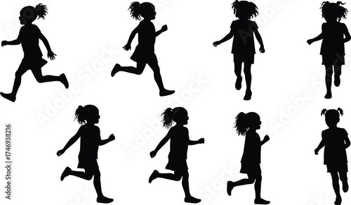 Child silhouettes running, walking, ponytail, motion sequence, dynamic posture, exercise, activity, lifestyle, animation reference, biomechanics, fitness, design