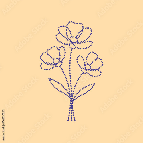 Stylized floral design composed of dotted lines forming a bouquet of three flowers with leaves on a soft beige