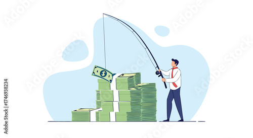 A businessman is fishing for money with a fishing rod.

