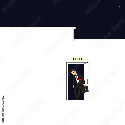 A tired businessman leaving his office at night, carrying a briefcase.