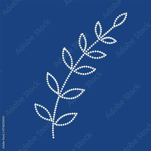 Minimalist botanical design featuring a dotted outline of a leafy branch on a solid blue