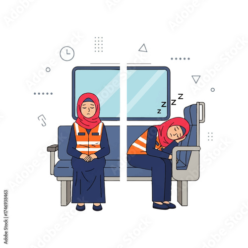 Woman in hijab sitting and sleeping on a train seat illustration.