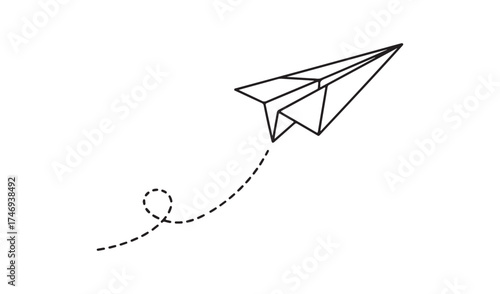Paper airplane flying isolated on white background concept