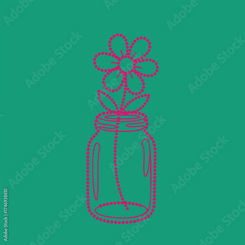 Minimalist Line Art of a Flower in a Jar with a Green and Pink Dotted Style
