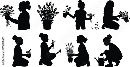 Children silhouettes gardening, planting flowers, watering plants, holding potted plants, nature activity, outdoor lifestyle, care, growth, environment, education