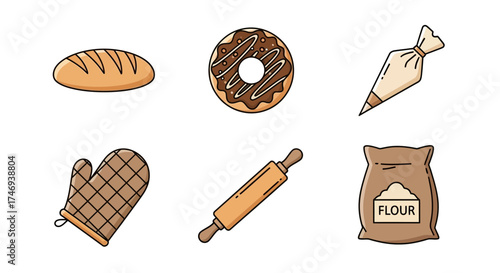 Assortment of Baking Essentials Bread Donut Tools and Flour Sack