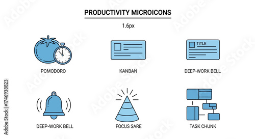 Blue Productivity Microicons Depicting Time Management and Task Organization