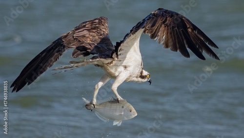 Osprey in flight and catching fish for dinner