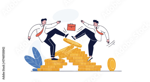 Two businessmen fighting over coins and briefcase during financial struggle and competition

