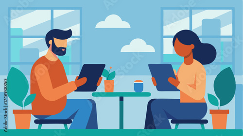 Two individuals using tablets to connect with each other in a bustling cafe exemplifying modern social interactions.