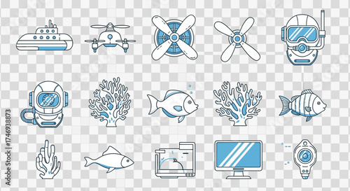 Collection of Blue Line Art Icons Depicting Underwater and Technological Elements