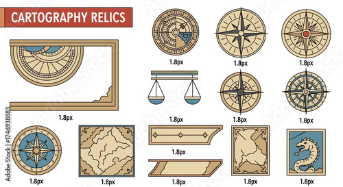 Collection of Cartography Relics Compass Roses Maps and Decorative Elements