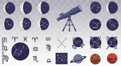 Celestial Exploration Telescope Constellations Zodiac Signs and Planets Illustrated