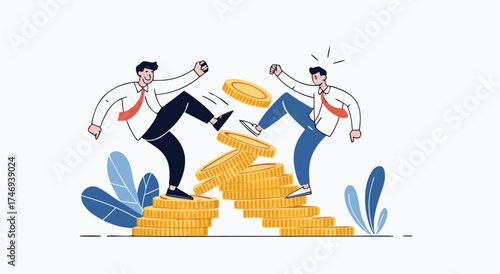 Two businessmen fighting over coins and briefcase during financial struggle and competition

