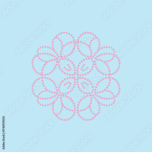Abstract pattern of interconnected pink dotted loops forming a symmetrical floral design on a light blue
