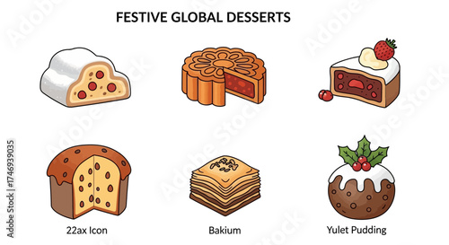 Colorful Festive Desserts from Around the World Illustrated and Isolated