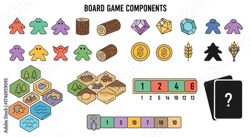Colorful Board Game Components Tokens Dice Cards and Hexagonal Tiles
