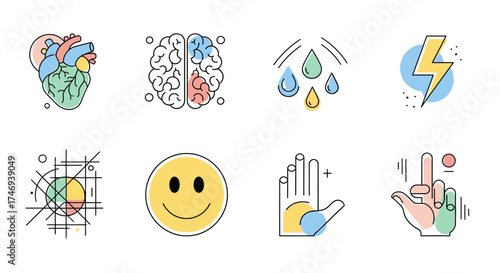 Colorful Illustrated Icons Representing Human Anatomy Emotions and Concepts