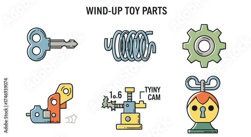 Colorful Illustrated WindUp Toy Parts Depicting Mechanical Components