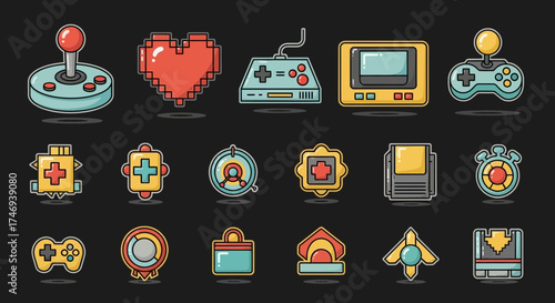 Colorful Retro Gaming Icons Depicting Classic Video Game Elements