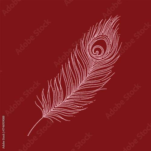 Elegant stylized feather design composed of small dots on a deep red , emphasizing intricate patterns and artistic detail